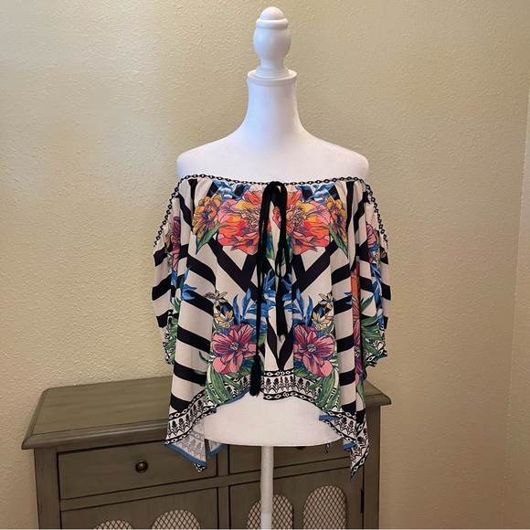 Flying Tomato Tops - Flying Tomato Women’s Off The Shoulder Floral Scarf Border Print Top Medium